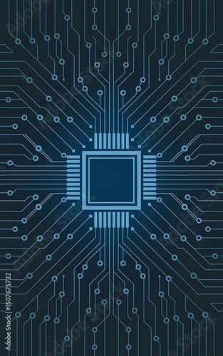 Abstract circuit board technology background with central microchip