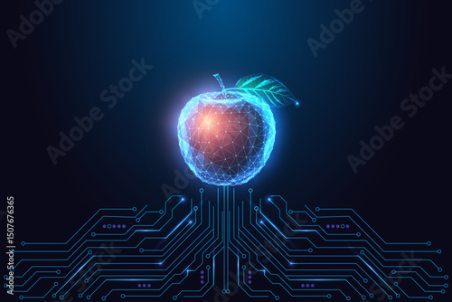 Smart nutrition and food technology with digital glowing apple and circuit board