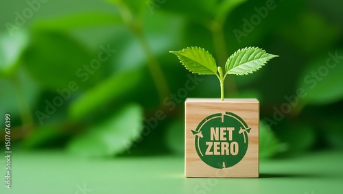 Green Sprout with Net Zero Symbol on a Wood Block for Environmental Awareness