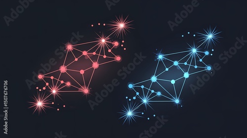 Abstract network connections red and blue glowing nodes