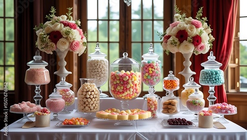 Lavish candy buffet with decorative floral arrangements for special occasions