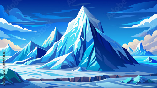 Giant towering ice glacier against a snow-capped mountain backdrop under a bright blue sunny sky, depicting an aerial winter landscape over the polar 