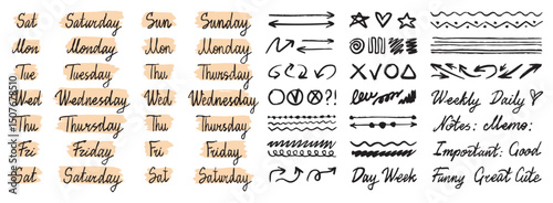 doodle hand drawn lettering days of week. Sunday, Monday, Tuesday, Wednesday, Thursday, Friday and Saturday. Text borders. Stickers for planner, journal. vintage italic handwritten days week clipart.