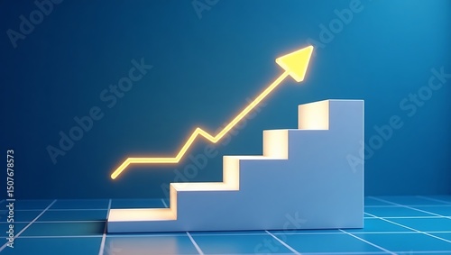 Rising neon arrow atop steps symbolizing financial growth or success