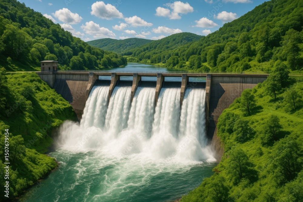 Fototapeta premium Sustainable Hydropower Dam Generating Clean Renewable Energy Amidst Lush Green Landscape and Cascading Waterfalls Eco Friendly Power Source