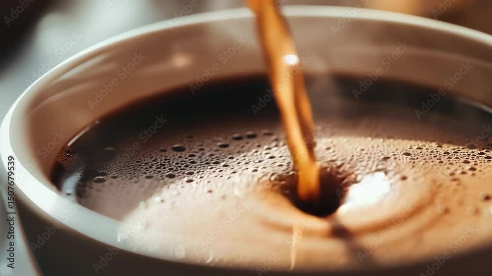 Warm brew spill: pouring coffee creating swirling aroma in a white mug