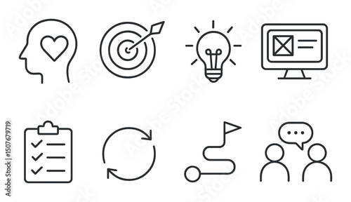 Design thinking linear icons set – outline, innovation and creative process symbols