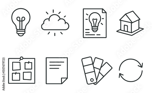 Creative process outline icons set – linear, simple and design workflow symbols
