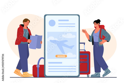 People buy tickets. Man and woman near smartphone buy plane tickets. Tourists prepare for trip. Holiday and vacation. People buy boarding passes on internet. Flat vector illustration
