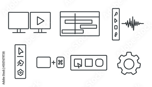 Video editing linear icons set – outline, media and production design elements