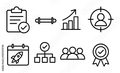 Project objectives linear icons set – outline, goals and tasks management symbols