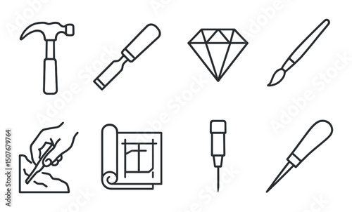 Craftsmanship outline icons set – tools, design and handmade craftsmanship symbols