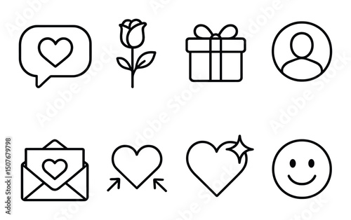 Romance and love outline icons set – linear, affection and relationship symbols