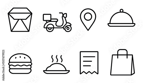 Food delivery outline icons set – meal, scooter, and order tracking symbols