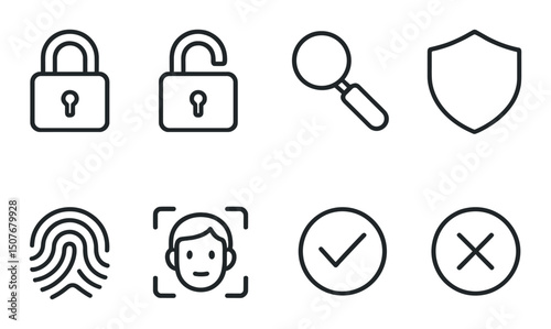 Security and action linear icons set – outline, protection, and safety symbols