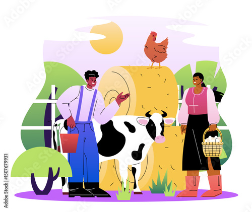 Couple of farmers. Man and woman near cow and chicken, haystack. Farming and agriculture, cultivation. Rural scene. People on farm with cattle. Flat vector illustration