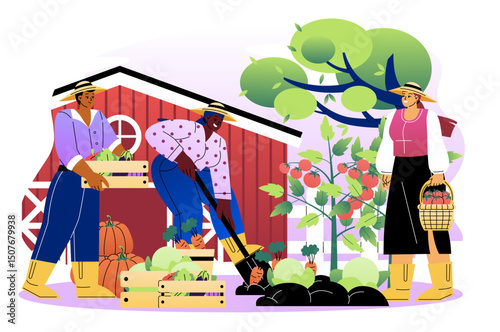 People cultivating vegetables. Men and woman grow pumpkins, tomatoes and carrots. Farmers picking up crop, harvesting. Farming and agriculture. Flat vector illustration