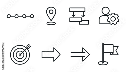 Roadmap and planning outline icons set – milestone, process and strategy symbols