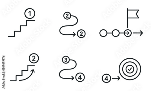 Step-by-step outline icons set – linear, process and instruction symbols