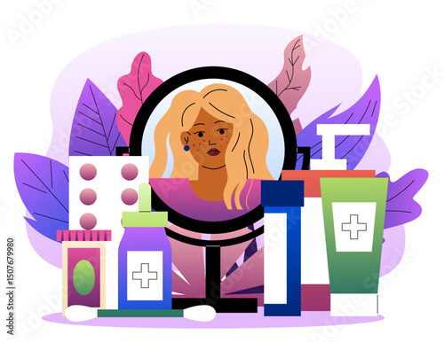 Woman with cosmetics. Young girl near mirror and cosmetic products. Dermatology and cosmetology. Skin care and beauty treatment. Lotion and moisturizer. Flat vector illustration