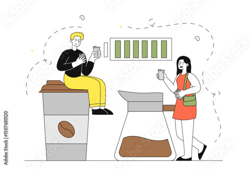Energy from coffee. Man and woman near mug and teapot with coffee. Coffee break in office. Refreshing and invigorating hot drink. Latte and cappuccino. Linear vector illustration
