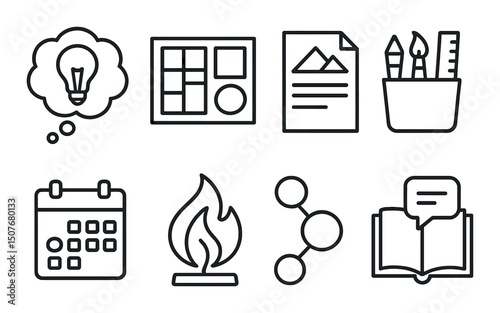 Creative tools outline icons set – linear, design and artistic elements collection