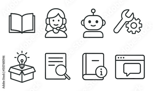 Support tools outline icons set – help, assistance and customer service symbols
