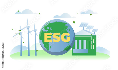 Environmental, social, and governance. Concept of ESG. Responsible business and environmentally friendly production. Ethics and morals. Caring for ecology and environment. Flat vector illustration