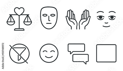 Nonjudgmental outline icons set – simple empathy, acceptance and understanding symbols