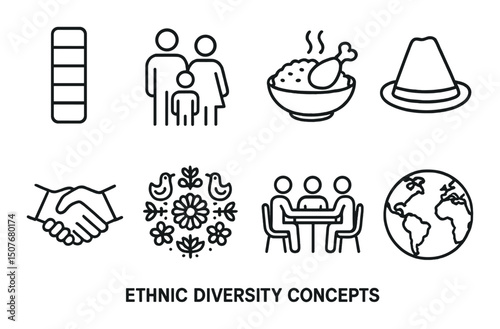Ethnic diversity outline icons set – cultural, heritage and community symbols