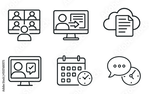 Remote teamwork outline icons set – communication, collaboration and digital workspace symbols