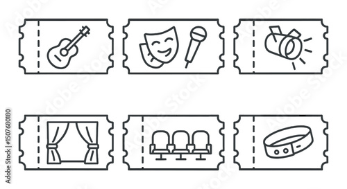 Event and entertainment outline icons set – performance, venue, activity symbols