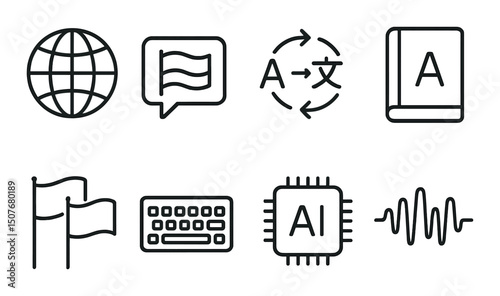 Translation and language linear icons set – outline, communication and multilingual symbols