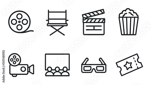 Cinema and entertainment line icons set – film, movie, and theater symbols