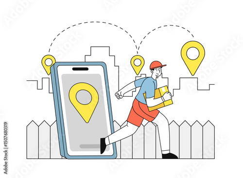 Fast delivery courier. Man with cardboard box runs near smartphone with GPS tag. Transportation and logistics, shipping and delivery. Postal service. Linear vector illustration