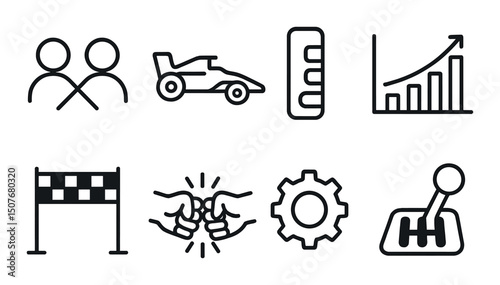 Race and competition outline icons set – silhouette, racing elements and motorsport symbols