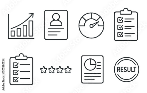 Business and evaluation outline icons set – analysis, progress and checklist symbols