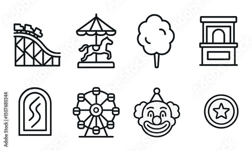 Amusement park silhouette icons set – entertainment, funfair and carnival symbols