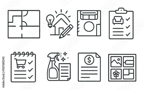 Home planning outline icons set – diagrams, organization and task management graphics