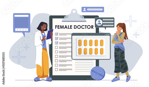 Gynecologist with patient. Woman in medical uniform interviews patient. Diagnosis and treatment. Research of female reproductive system. Gynecology and anatomy. Flat vector illustration
