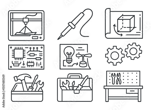 Maker culture tools icons set – outline, crafting and diy elements for creative projects