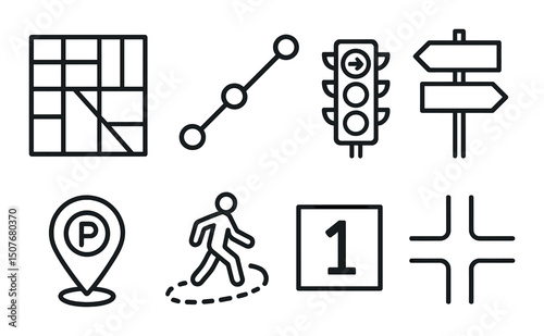 Urban navigation linear icons set – city mapping, wayfinding signs and symbols