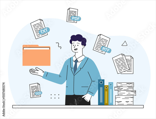 Man with files. Young guy near folder with electronic documents in different formats. Digital catalog, storage and archive. Rtf, pdf, txt and doc formats. Linear vector illustration