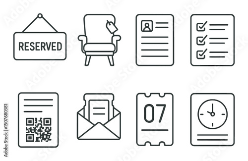 Reservation and booking outline icons set – simple, scheduling and ticket symbols
