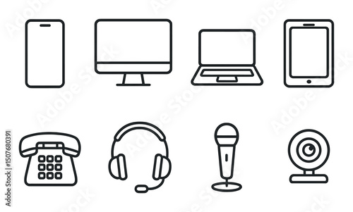 Communication devices line icons set – outline, gadgets and technology symbols