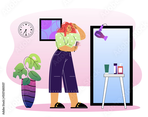 Woman losing hair. Sad young girl with comb. Alopecia and hair loss. Person suffers from lack of vitamins in body. Haircomb with falling hairs. Flat vector illustration