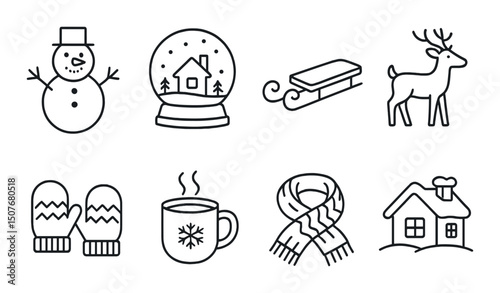 Winter and holiday outline icons set – silhouette, seasonal and festive symbols