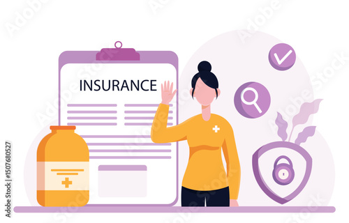 Woman with health insurance. Young girl near notepad and bottles with vitamins. Financial agreement and deal. Protection of health and life. Flat vector illustration