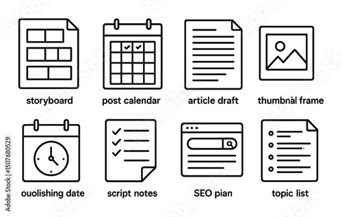 Content strategy outline icons set – linear, publishing and planning symbols