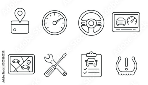 Fleet management outline icons set – vehicle, logistics, and transport symbols